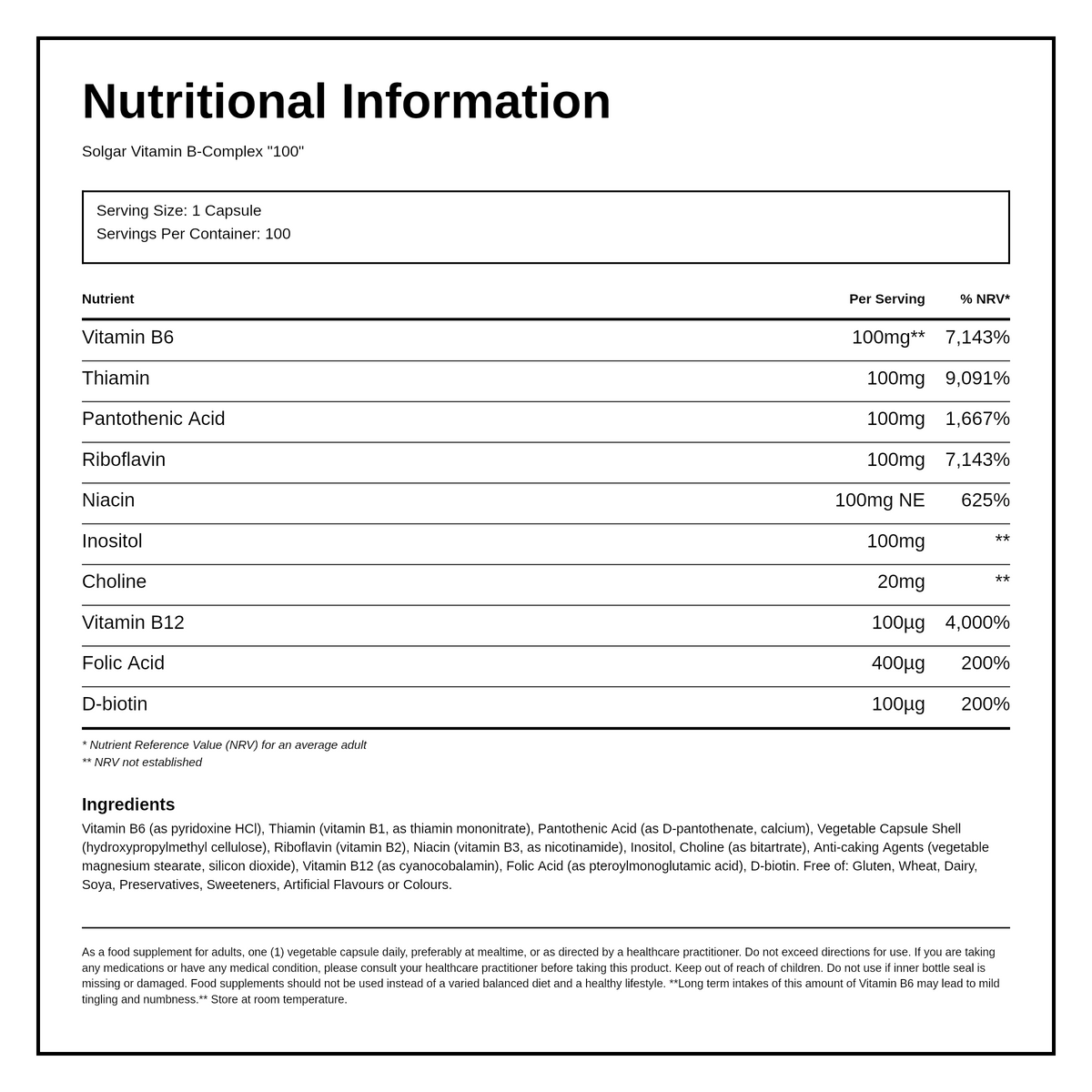 Solgar Formula Vitamin B-Complex 100 — nutrition information panel, generated from the pack