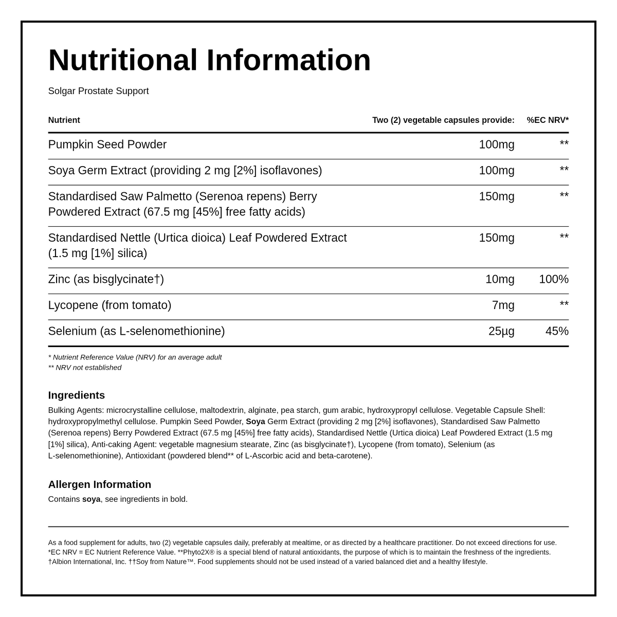 Solgar GOLD SPECIFICS Prostate Support — nutrition information panel, generated from the pack