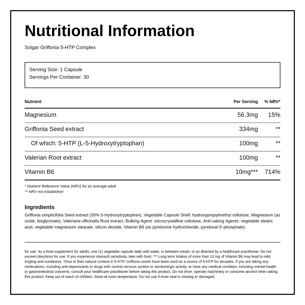 Solgar 5-HTP (L-5-Hydroxytryptophan) — nutrition information panel, generated from the pack