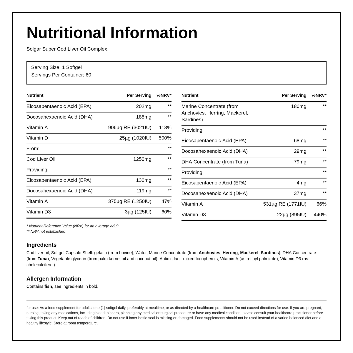 Solgar Super Cod Liver Oil Complex — nutrition information panel, generated from the pack