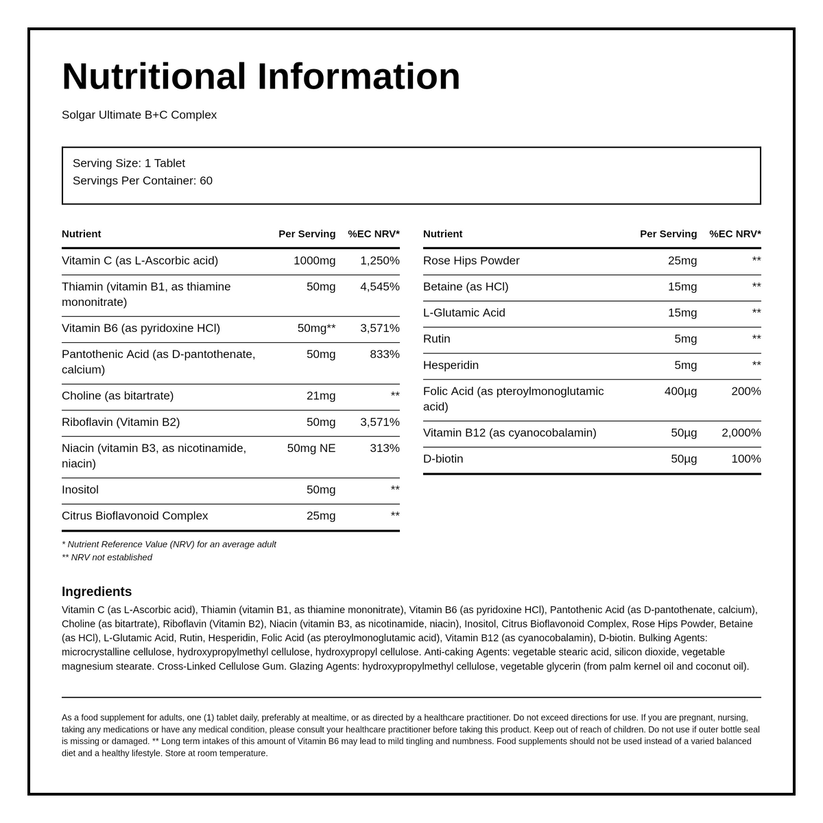 Solgar Ultimate B+C Complex — nutrition information panel, generated from the pack