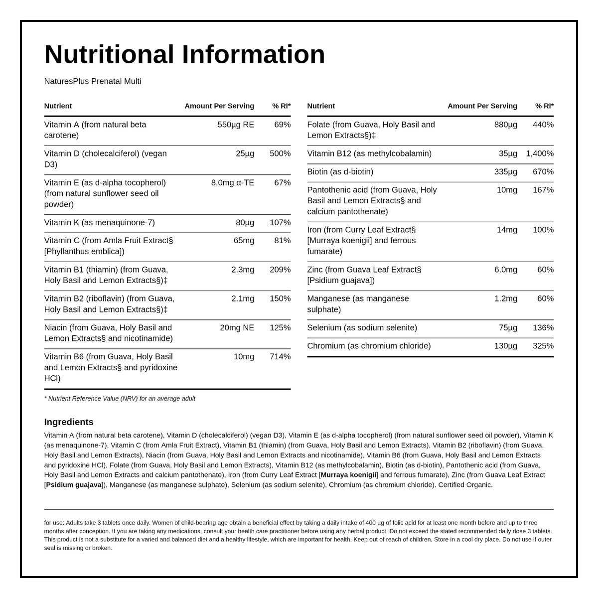 Nature's Plus Source of Life Garden Organic Prenatal Multi — nutrition information panel, generated from the pack