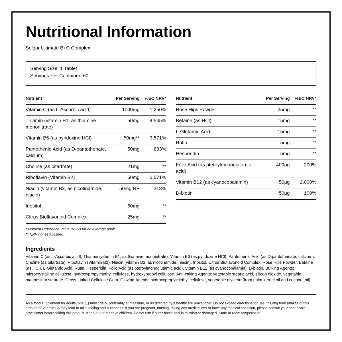 Solgar Ultimate B+C Complex — nutrition information panel, generated from the pack