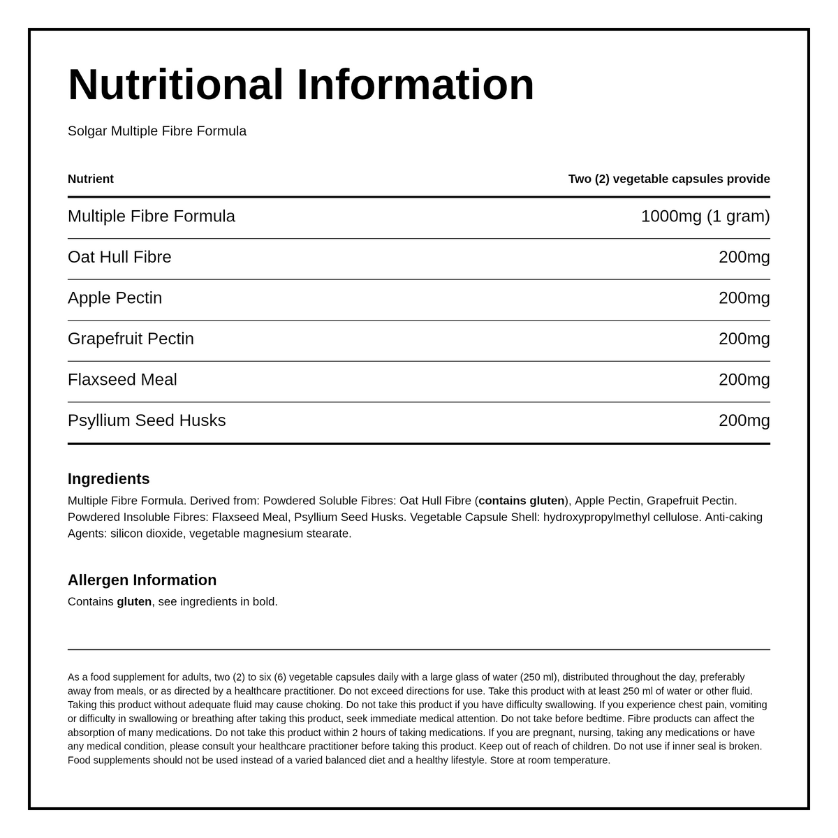 Solgar Multiple Fibre Formula 120 caps — nutrition information panel, generated from the pack