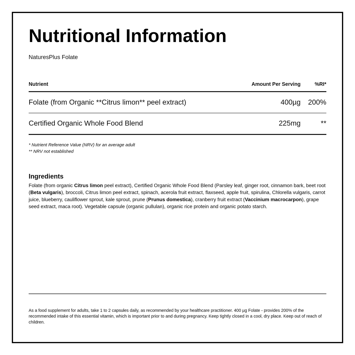 Natures Plus SOL Garden Folate 60 vcaps — nutrition information panel, generated from the pack