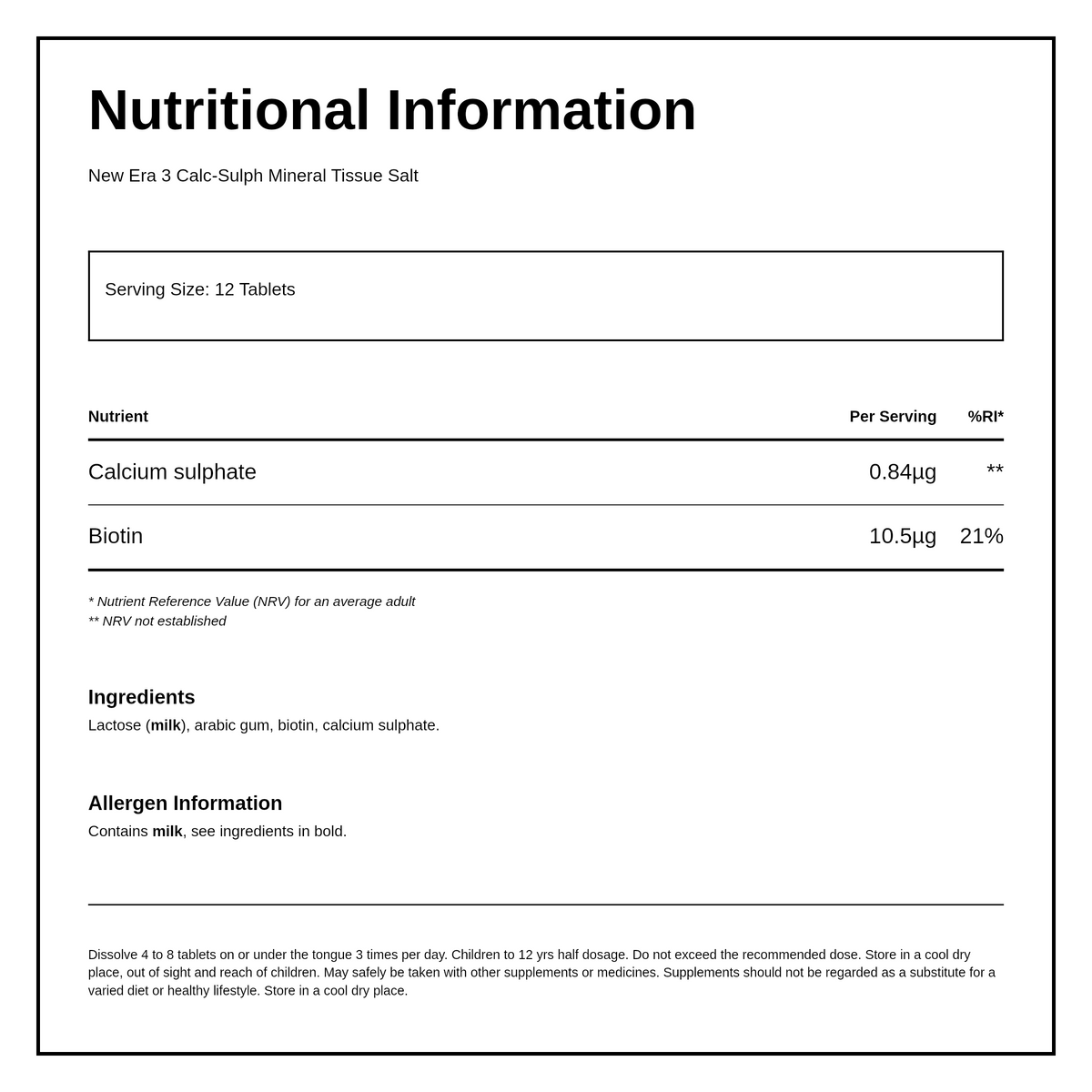 New Era No. 3 Calc. Sulph. — nutrition information panel, generated from the pack