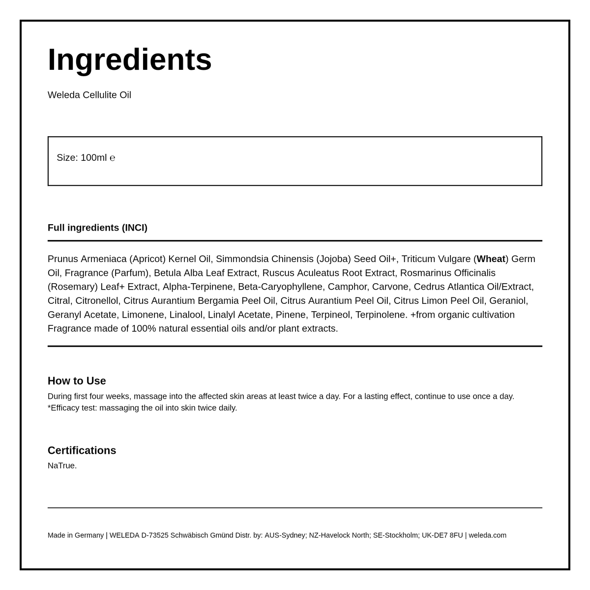 Weleda Birch Cellulite Oil — ingredients (INCI) panel, generated from the pack