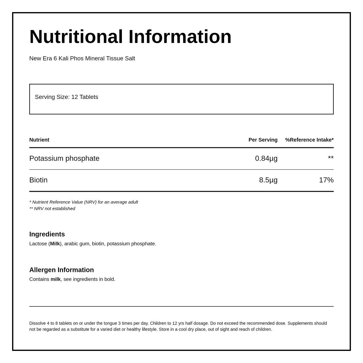 New Era No.6 Kali. Phos. for your nerves. 240 tablets — nutrition information panel, generated from the pack