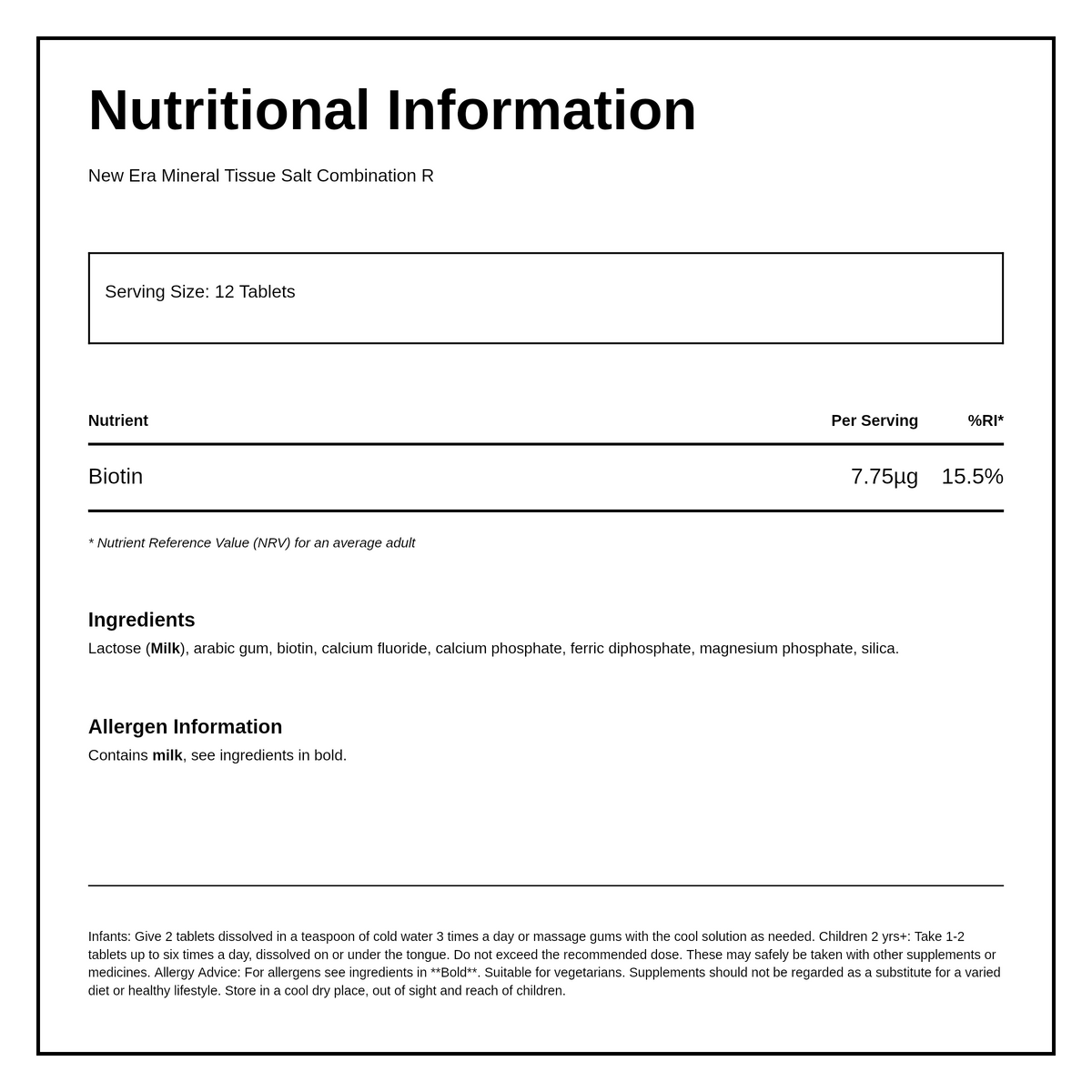 New Era Combination R for Teething Age Infants. 240 tabs — nutrition information panel, generated from the pack