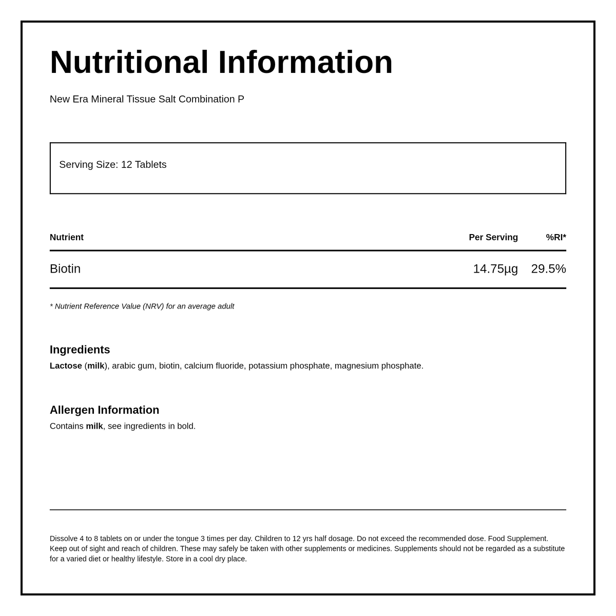 New Era Combination P - 240 tablets — nutrition information panel, generated from the pack