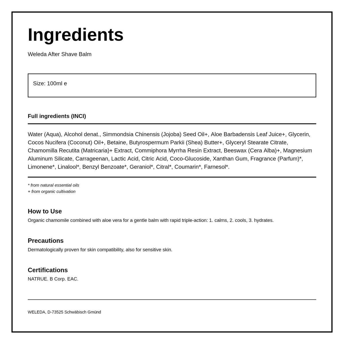 Weleda After Shave Balm — ingredients (INCI) panel, generated from the pack