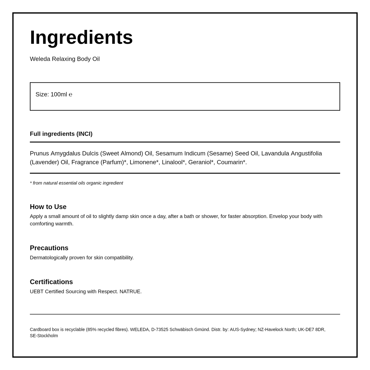 Weleda Lavender Body Oil — ingredients (INCI) panel, generated from the pack