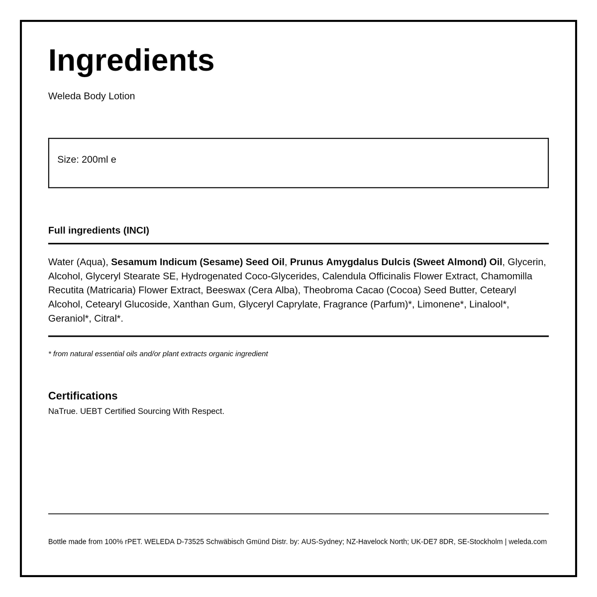 Weleda Calendula Body Lotion — ingredients (INCI) panel, generated from the pack