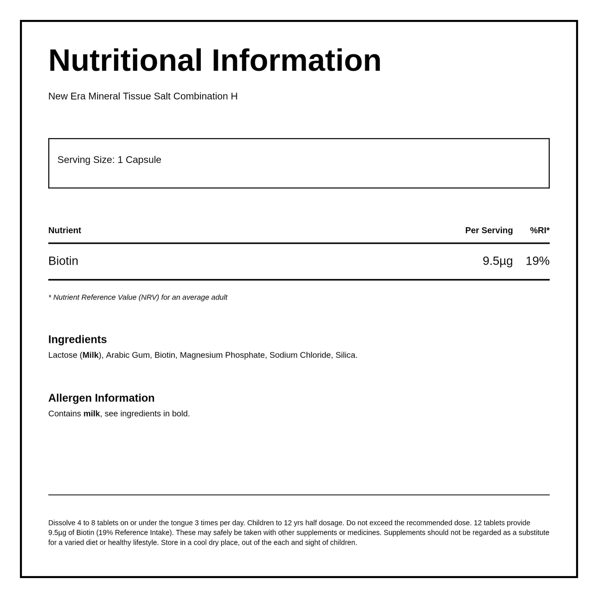 New Era Combination H - Nose & Sinus health 240 tablets — nutrition information panel, generated from the pack