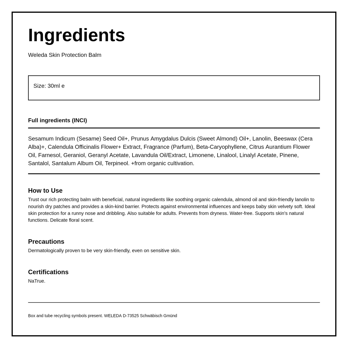 Weleda Calendula Skin Protection Balm — ingredients (INCI) panel, generated from the pack