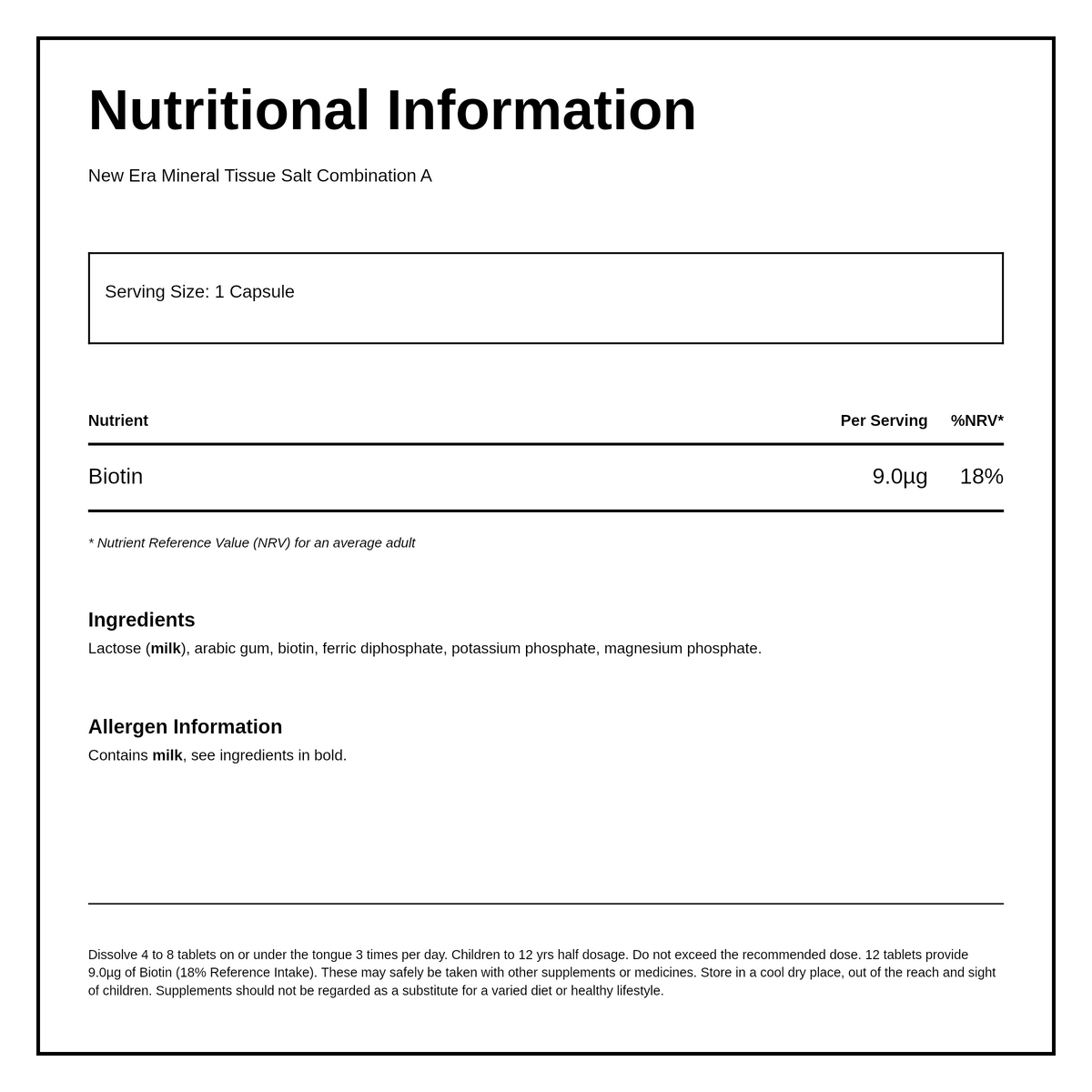 New Era Combination A - 240 tablets — nutrition information panel, generated from the pack