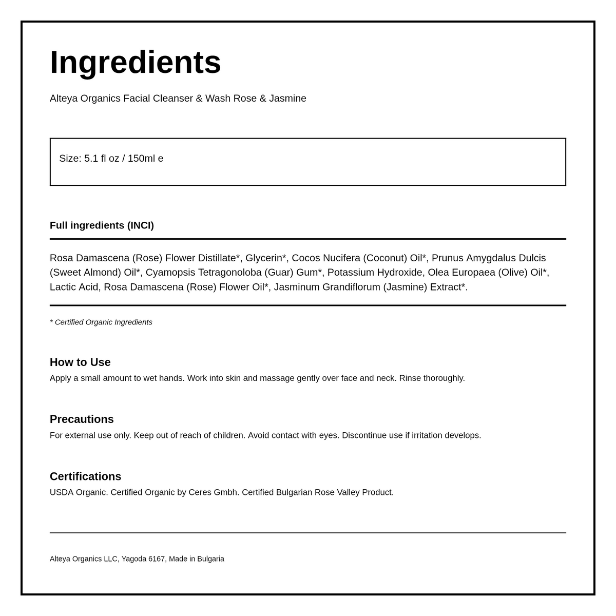 Alteya Organics Facial Cleanser & Wash Rose & Jasmine — ingredients (INCI) panel, generated from the pack