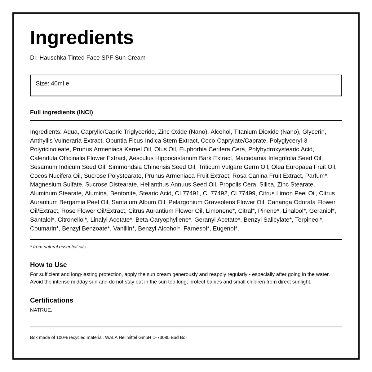 Dr. Hauschka Tinted Face Sun Cream SPF 30 — ingredients (INCI) panel, generated from the pack