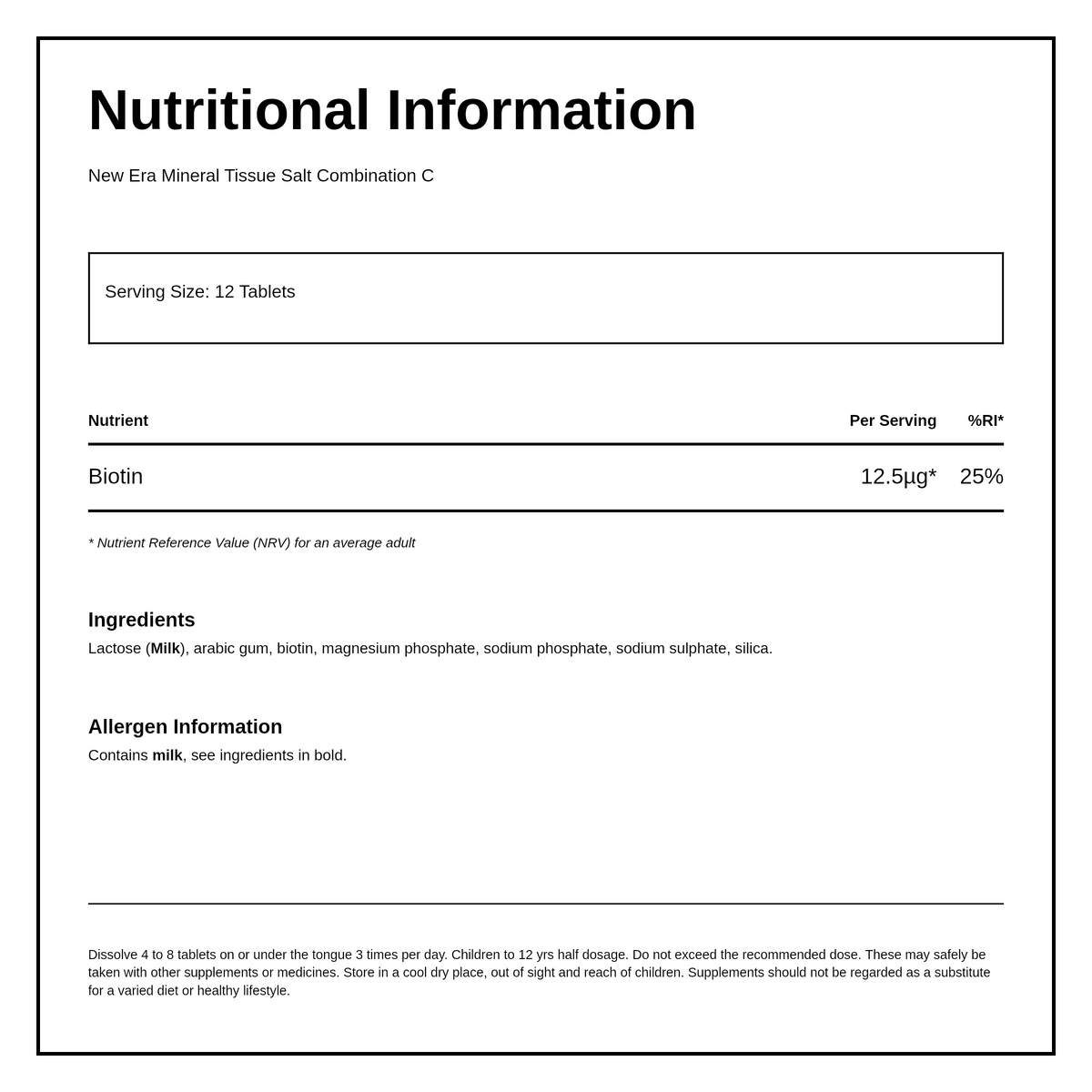 New Era Combination C - 240 tablets — nutrition information panel, generated from the pack