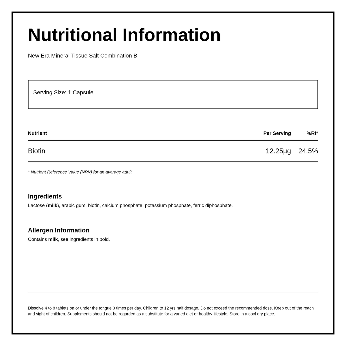 New Era Combination B - for the nervous system 240 tablets — nutrition information panel, generated from the pack