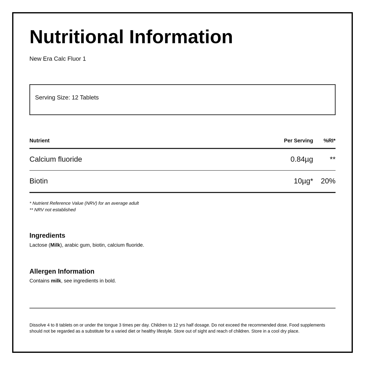 New Era No.1 Calc Fluor 240 tabs — nutrition information panel, generated from the pack