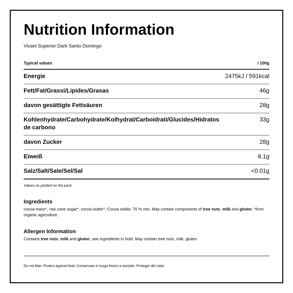 Vivani Dark 70% Superior Chocolate Vegan Organic — nutrition information panel, generated from the pack