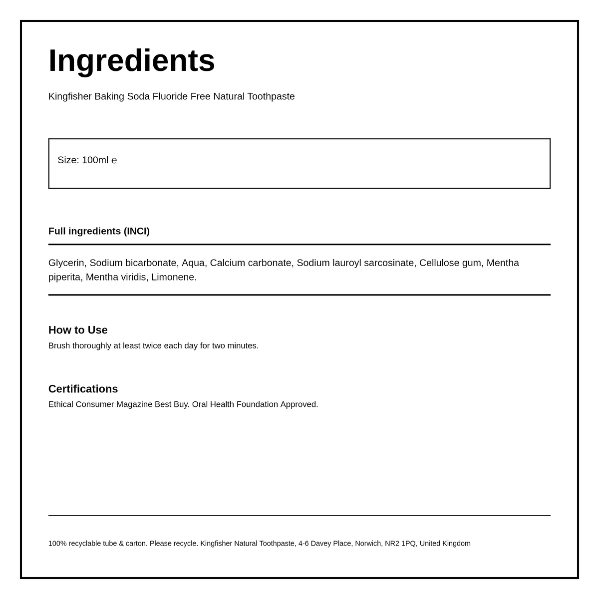Kingfisher Baking Soda Mint Fluoride Free Toothpaste — ingredients (INCI) panel, generated from the pack