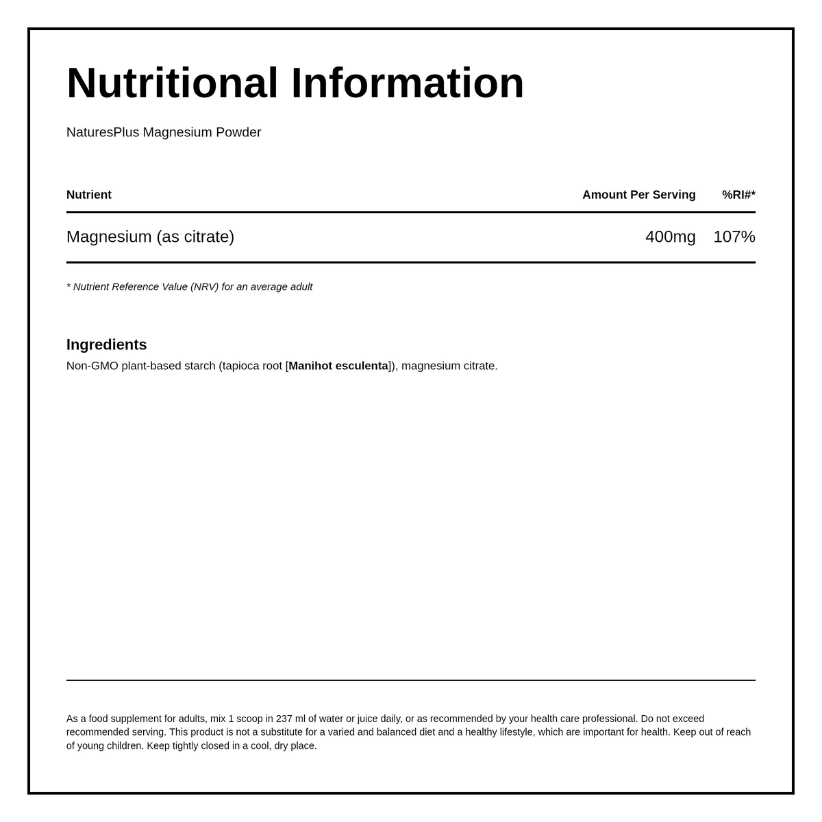 Natures Plus KalmAssure Magnesium Powder Unflavored — nutrition information panel, generated from the pack