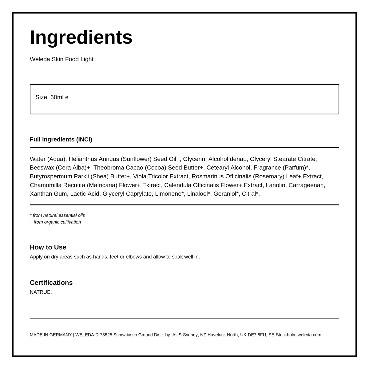 Weleda Skin Food Light — ingredients (INCI) panel, generated from the pack