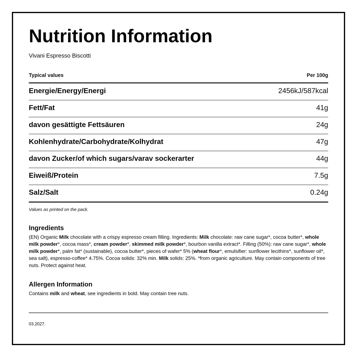 Vivani Mini Espresso Biscotti Chocolate Organic — nutrition information panel, generated from the pack