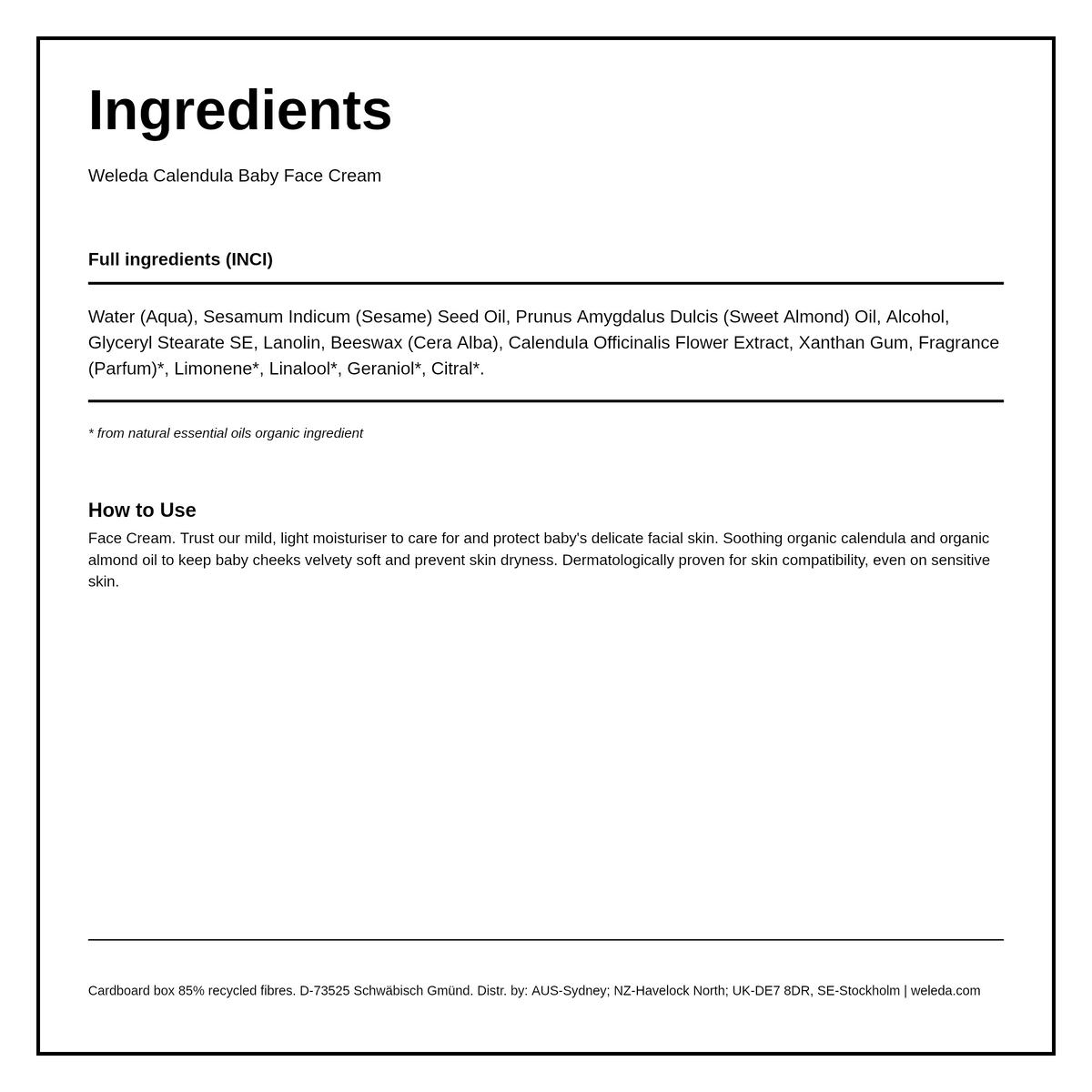 Weleda Calendula Facial Cream — ingredients (INCI) panel, generated from the pack
