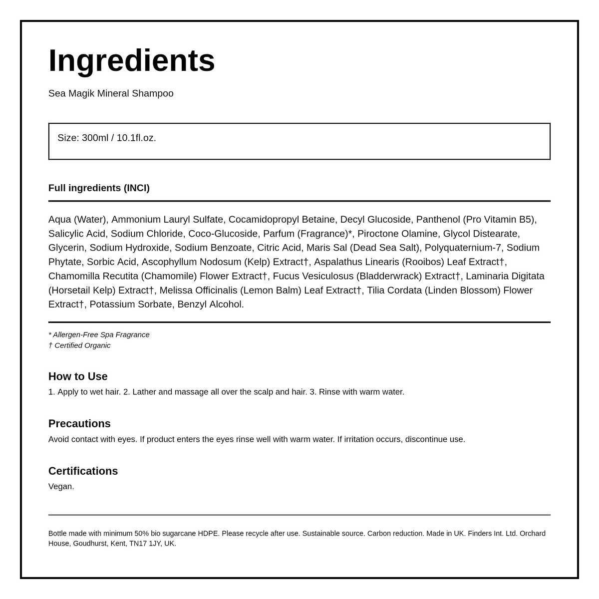 Dead Sea Spa Magik Mineral Shampoo — ingredients (INCI) panel, generated from the pack
