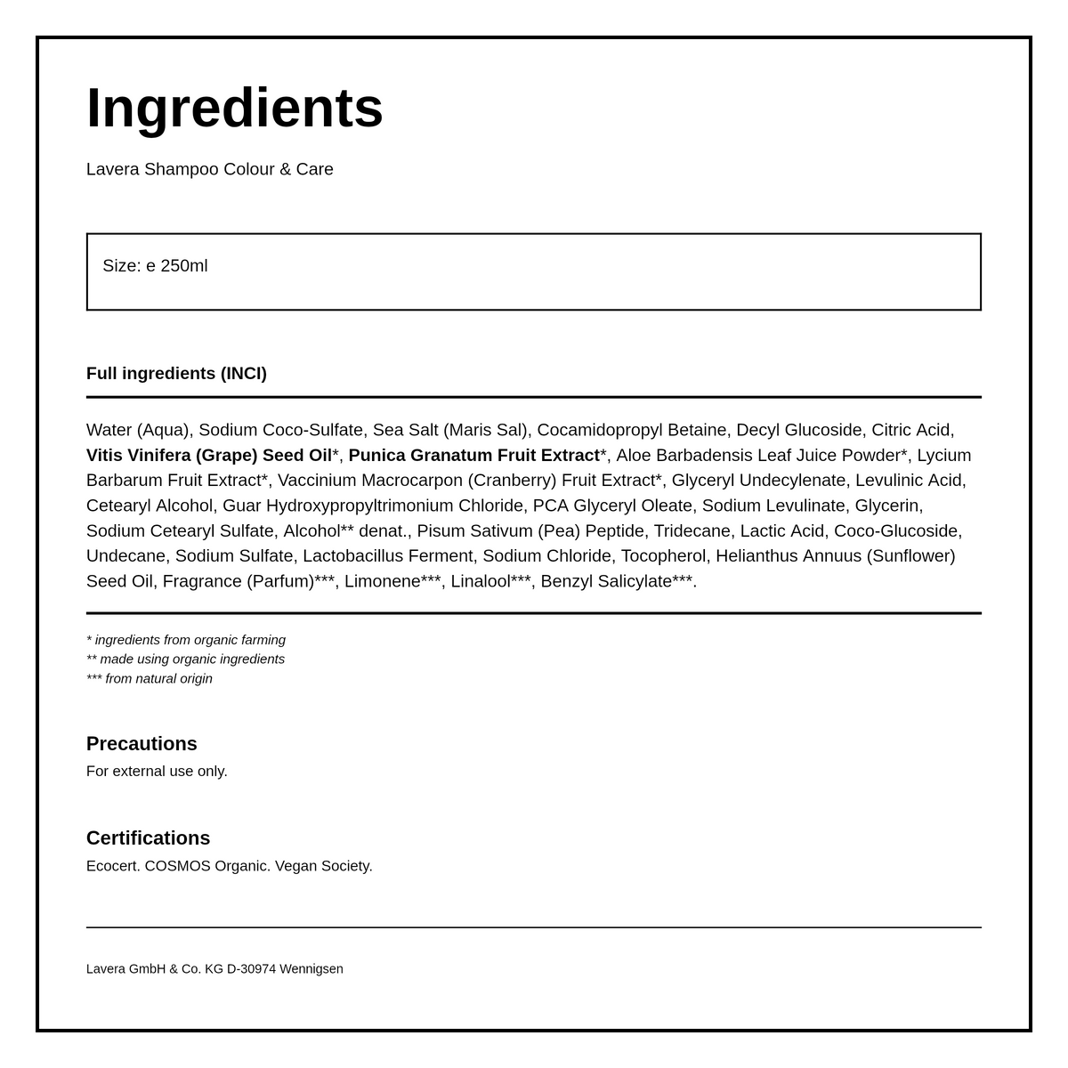 Lavera Colour & Care Shampoo — ingredients (INCI) panel, generated from the pack