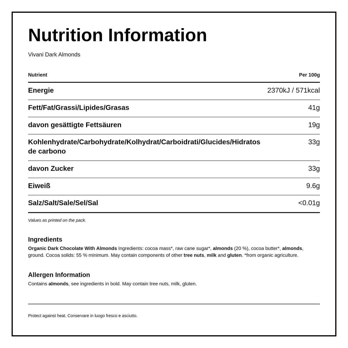 Vivani Dark Almond Chocolate 55% Vegan Organic — nutrition information panel, generated from the pack