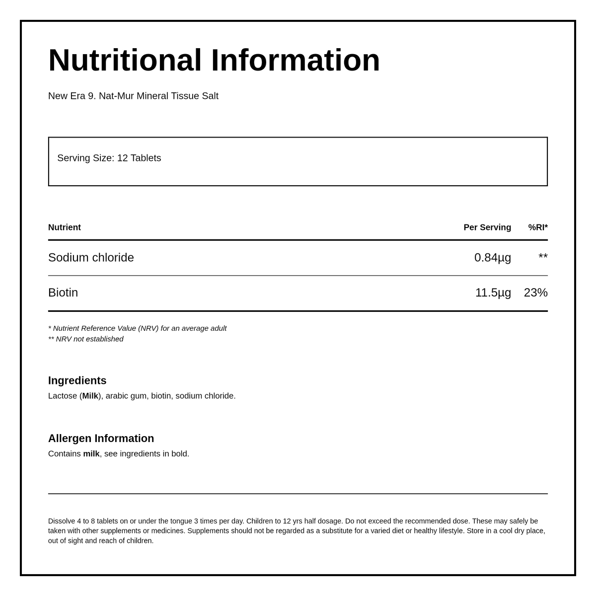 New Era No.9 Nat. Mur. 240 tabs — nutrition information panel, generated from the pack