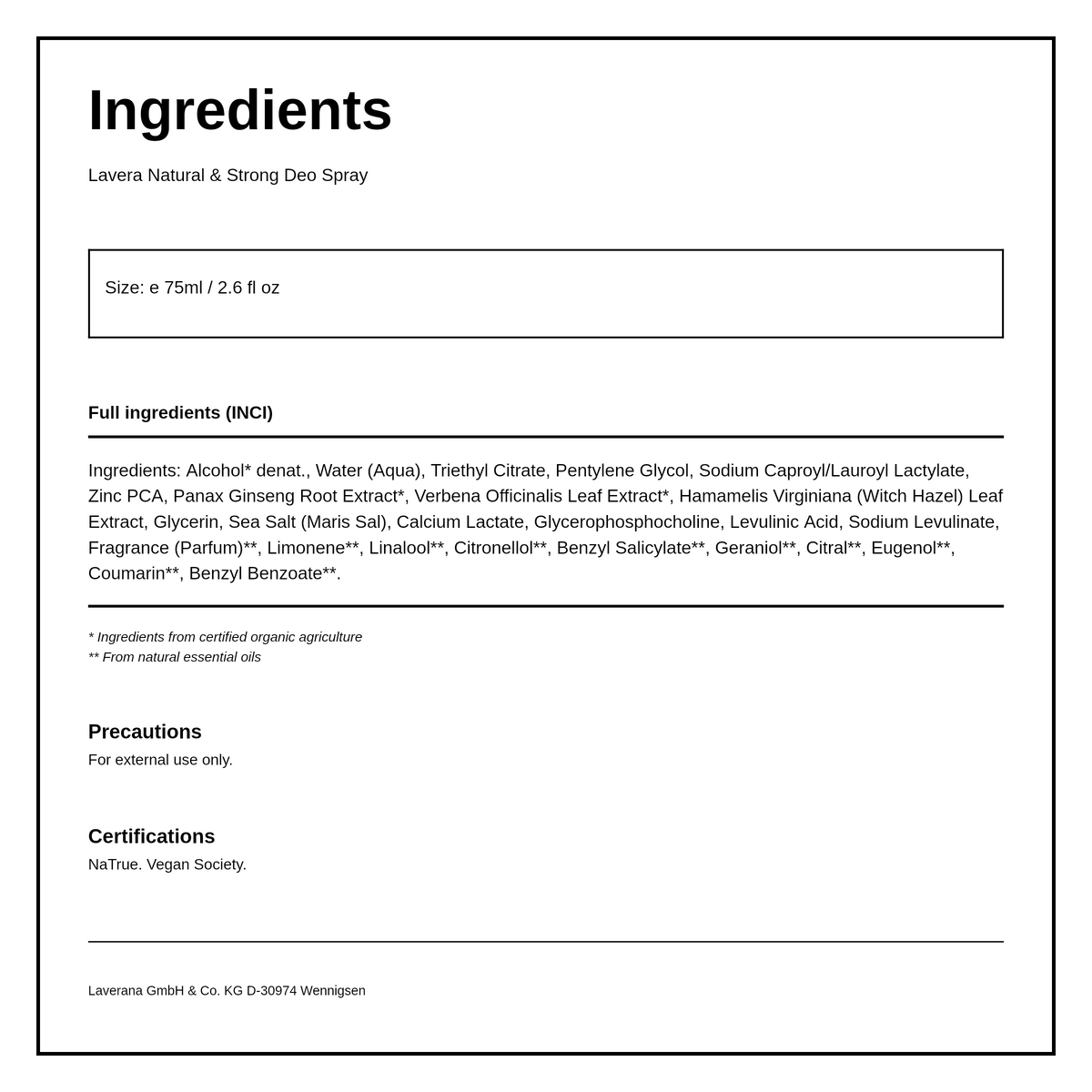 Lavera Natural & Strong Deodorant Spray — ingredients (INCI) panel, generated from the pack