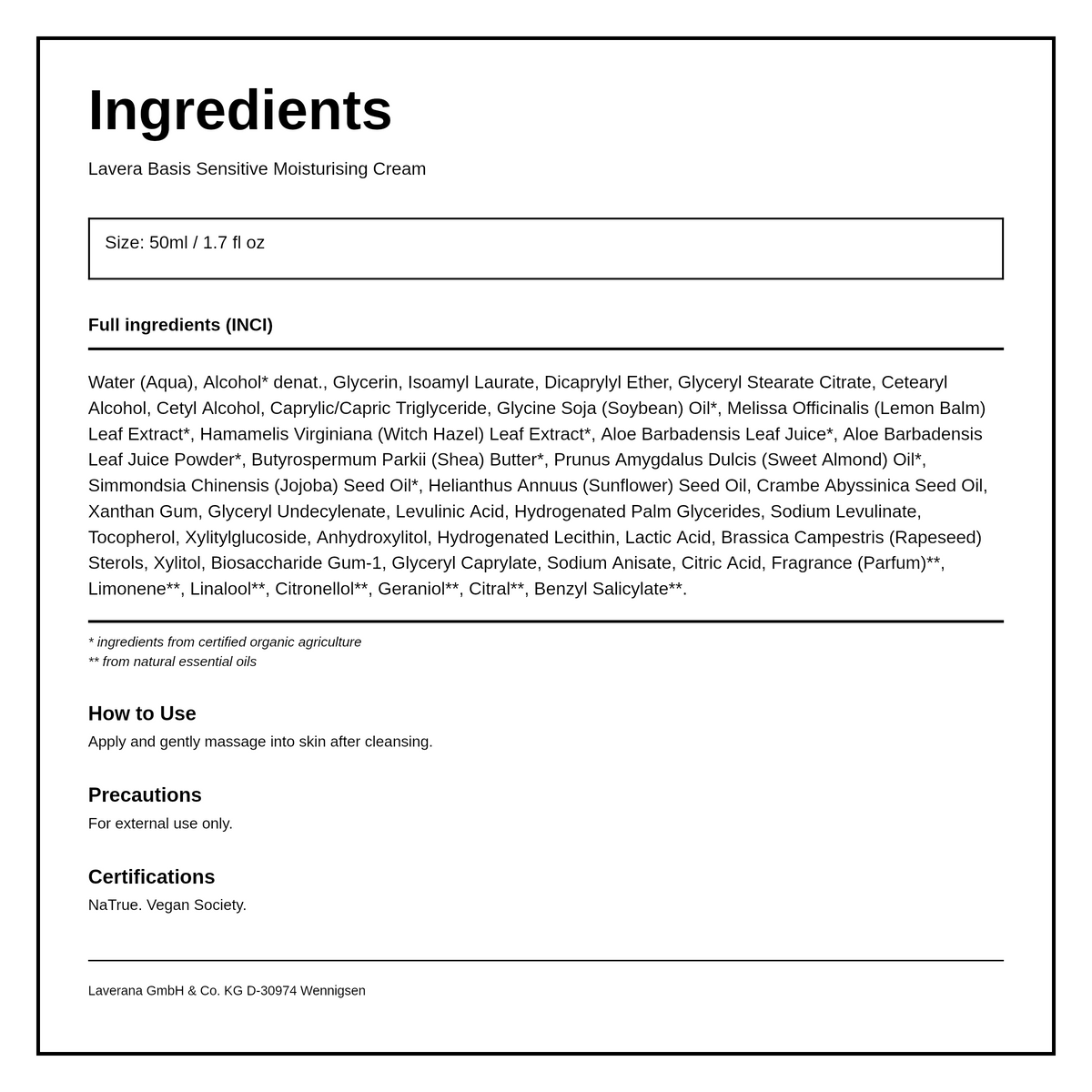 Lavera Basis Sensitive Moisturising Face Cream — ingredients (INCI) panel, generated from the pack