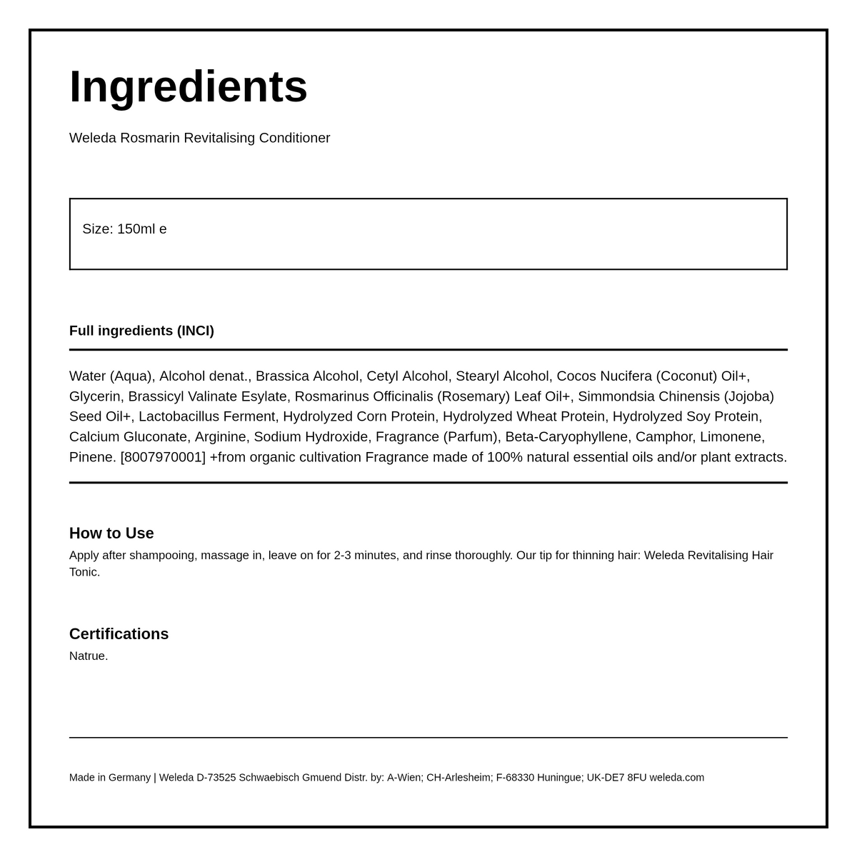 Weleda Revitalising Conditioner — ingredients (INCI) panel, generated from the pack