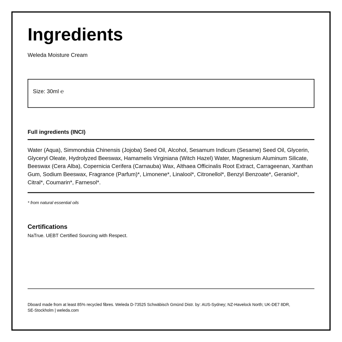 Weleda Moisture Cream for Men — ingredients (INCI) panel, generated from the pack