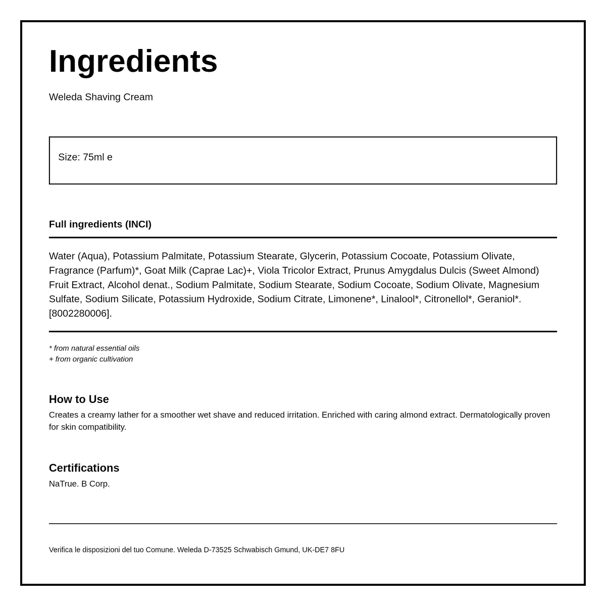 Weleda Shaving Cream — ingredients (INCI) panel, generated from the pack