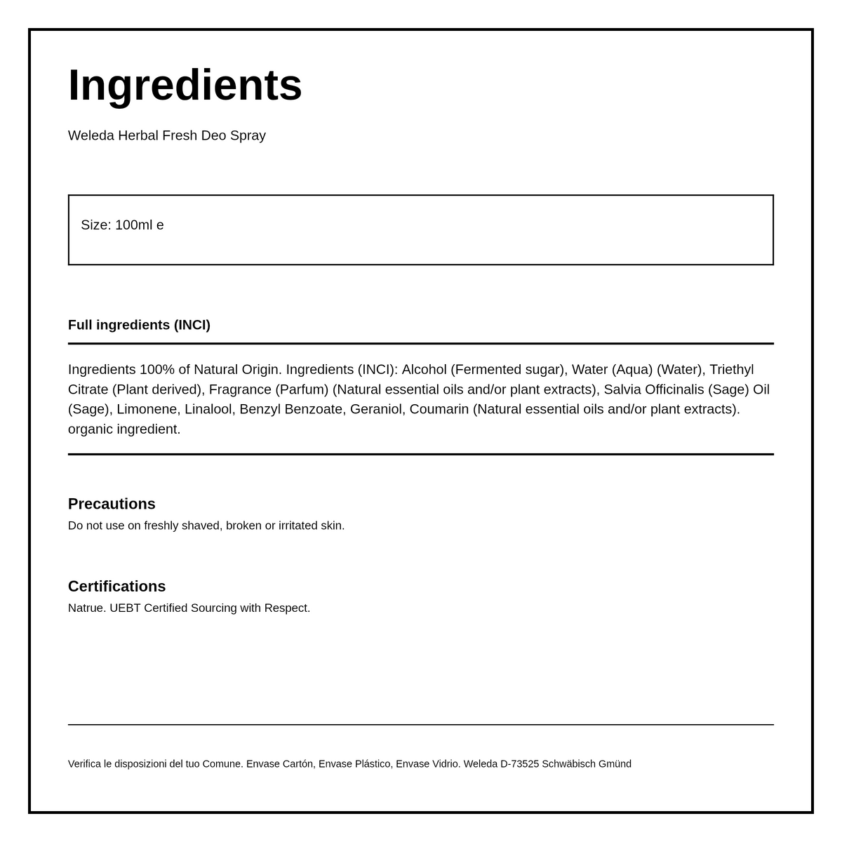 Weleda Sage Deodorant — ingredients (INCI) panel, generated from the pack