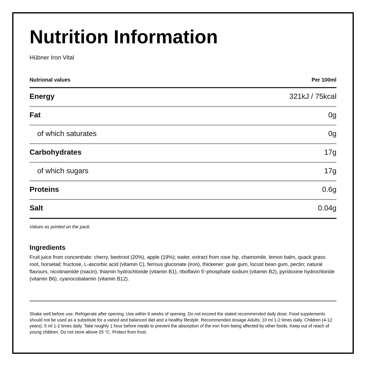Hubner Iron Vital Liquid Bottle ML — nutrition information panel, generated from the pack