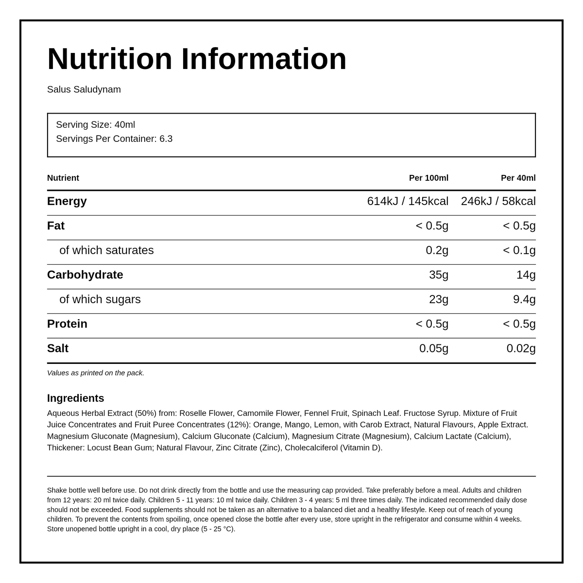 Floradix Saludynam Liquid Formula — nutrition information panel, generated from the pack