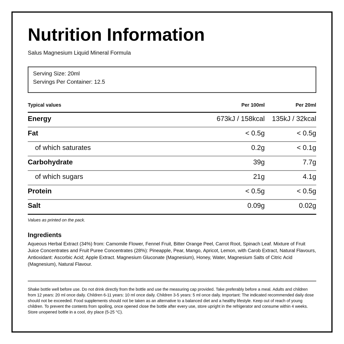 Floradix Magnesium Liquid Mineral Supplement — nutrition information panel, generated from the pack
