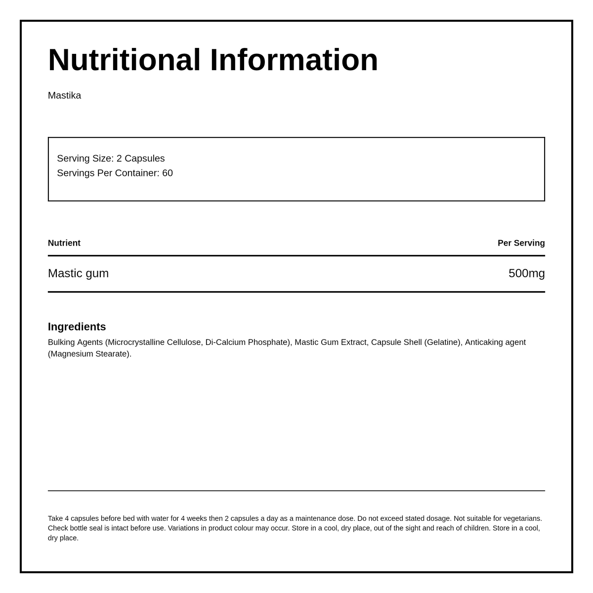 Natrahealth Mastika Gum 250mg 120 Capsules — nutrition information panel, generated from the pack