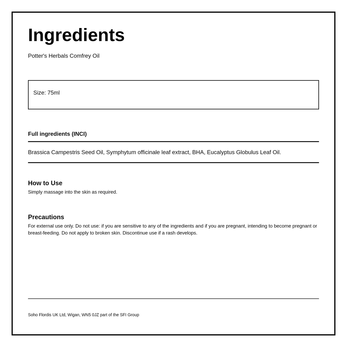Potters Comfrey Oil with Eucalyptus — ingredients (INCI) panel, generated from the pack