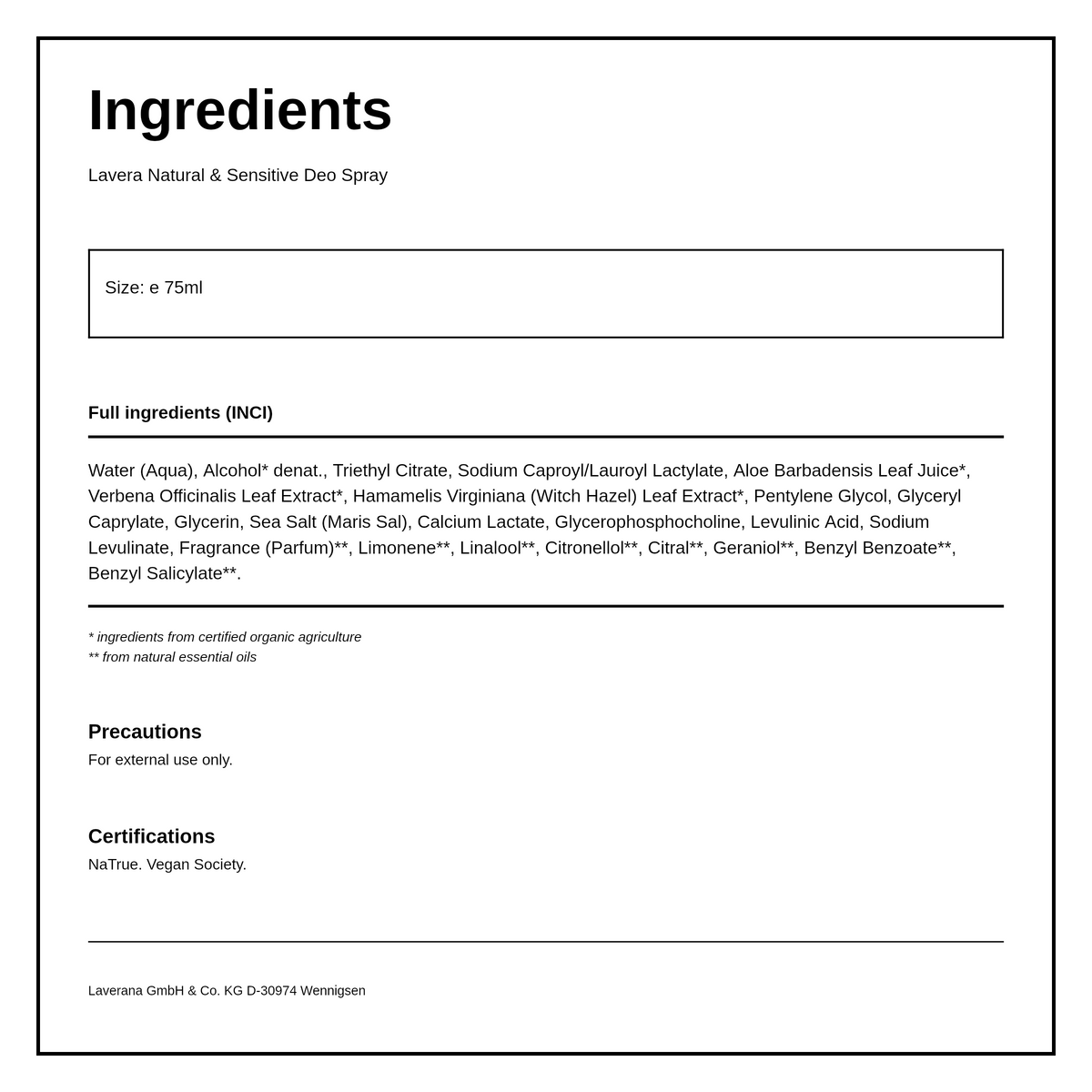 Lavera Basis Sensitiv Deodorant Spray — ingredients (INCI) panel, generated from the pack