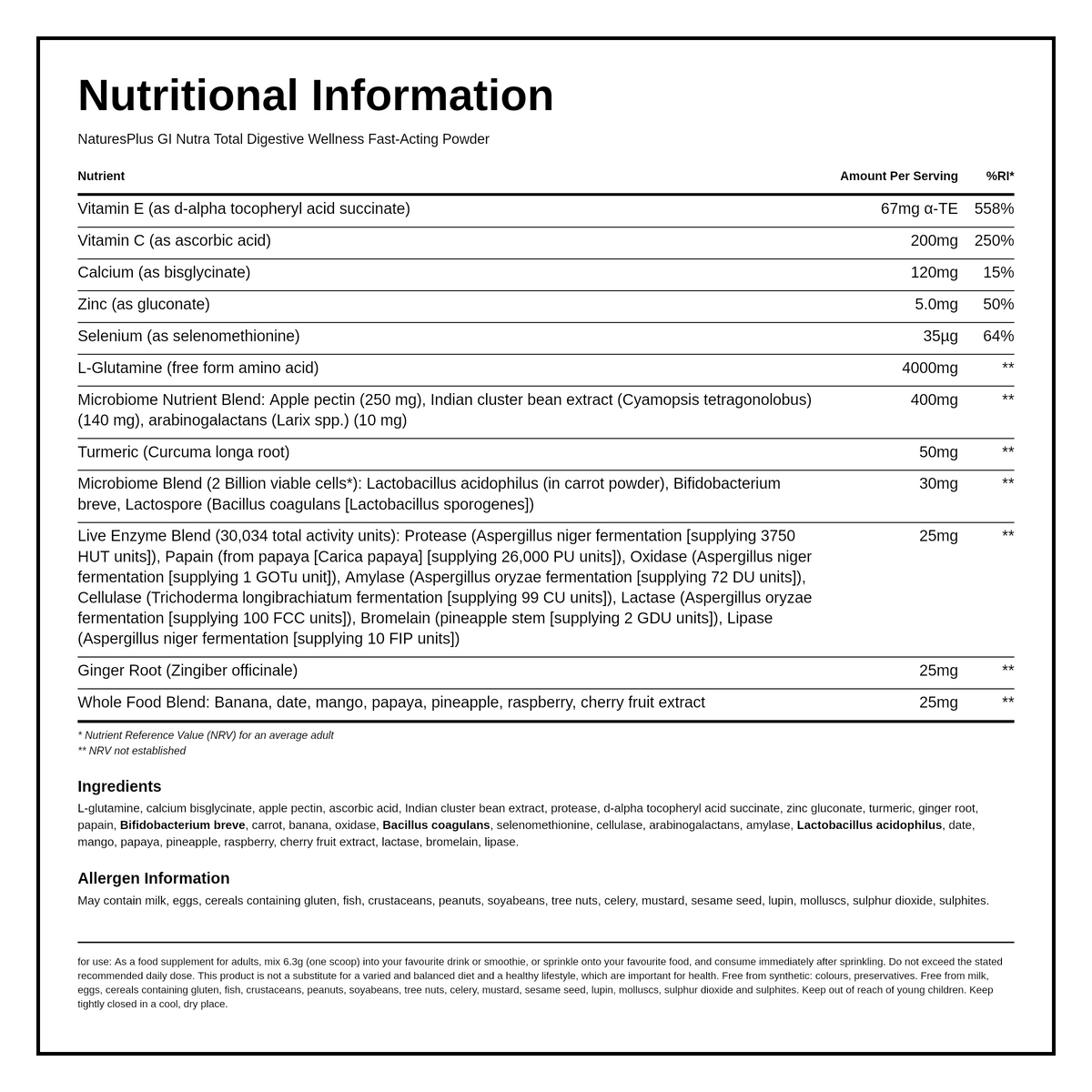 Natures Plus GI Total Digestive Wellness — nutrition information panel, generated from the pack