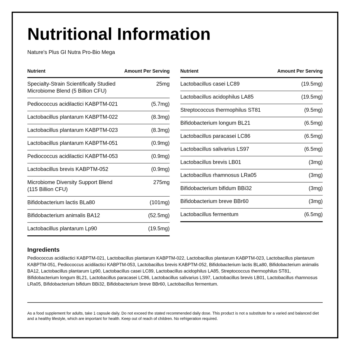 Natures Plus GI Nutra ProBio Mega — nutrition information panel, generated from the pack