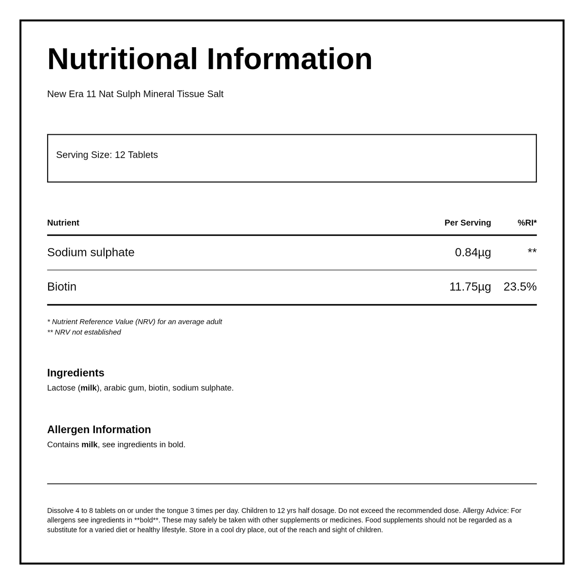 New Era No. 11 Nat. Sulph. 240 tablets — nutrition information panel, generated from the pack